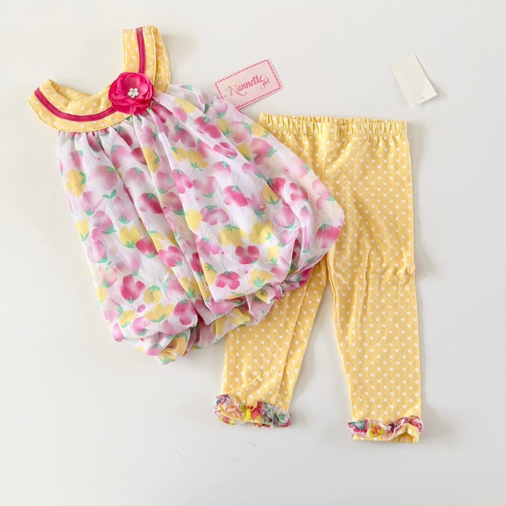 Yellow & Pink Polka Dot Floral 2 Piece Matching Set